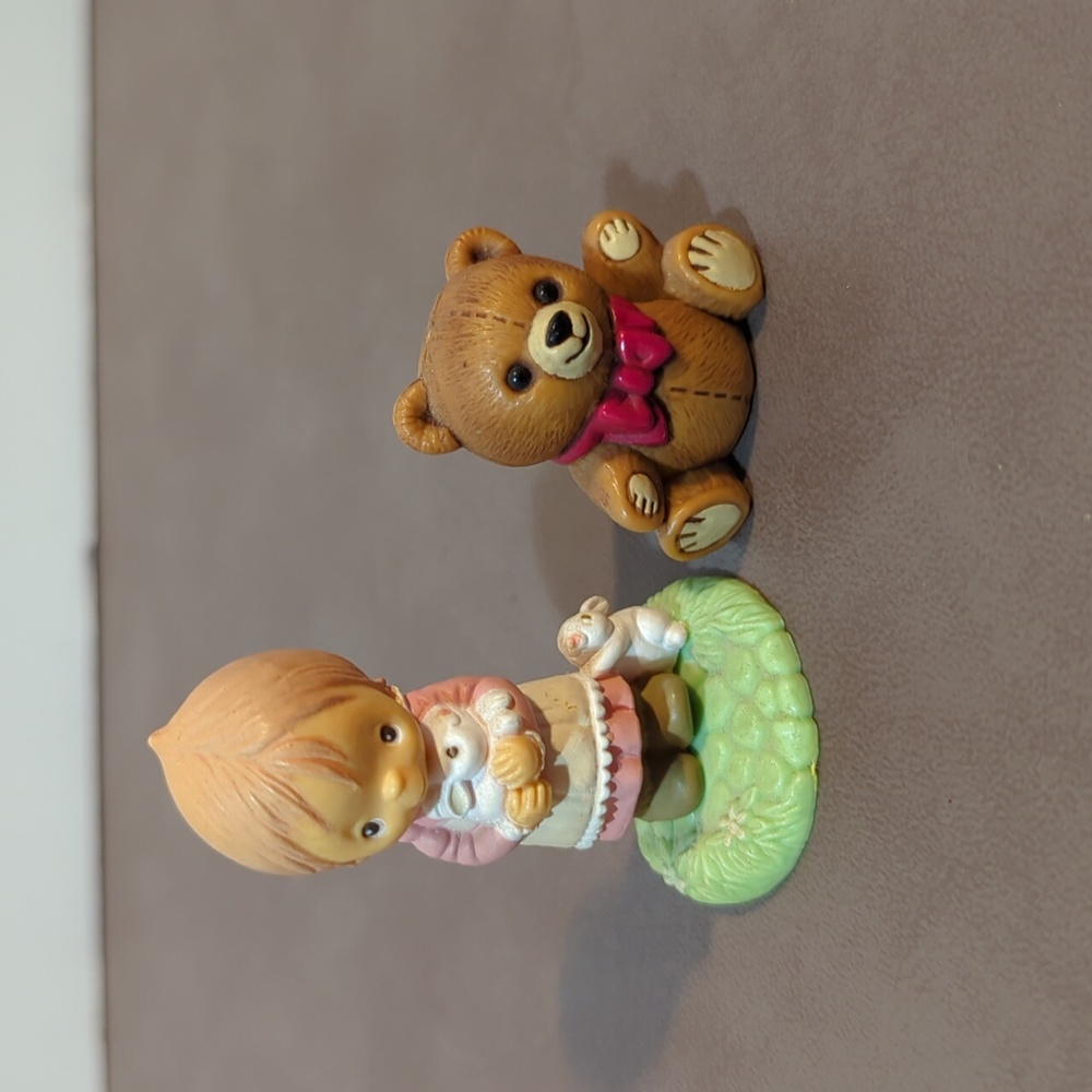 2 Hallmark Miniatures 1982 Teddy Bear with Red Bow 1982 Girl Rabbits Betsy Clark